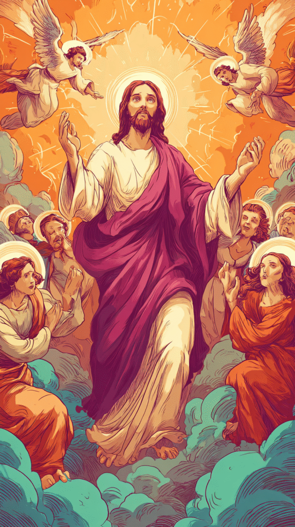 Jesus Christ surrounded by angels in cartoon style vibrant co 92319722 6624 4abb 9cca 1b748ae8034a 1