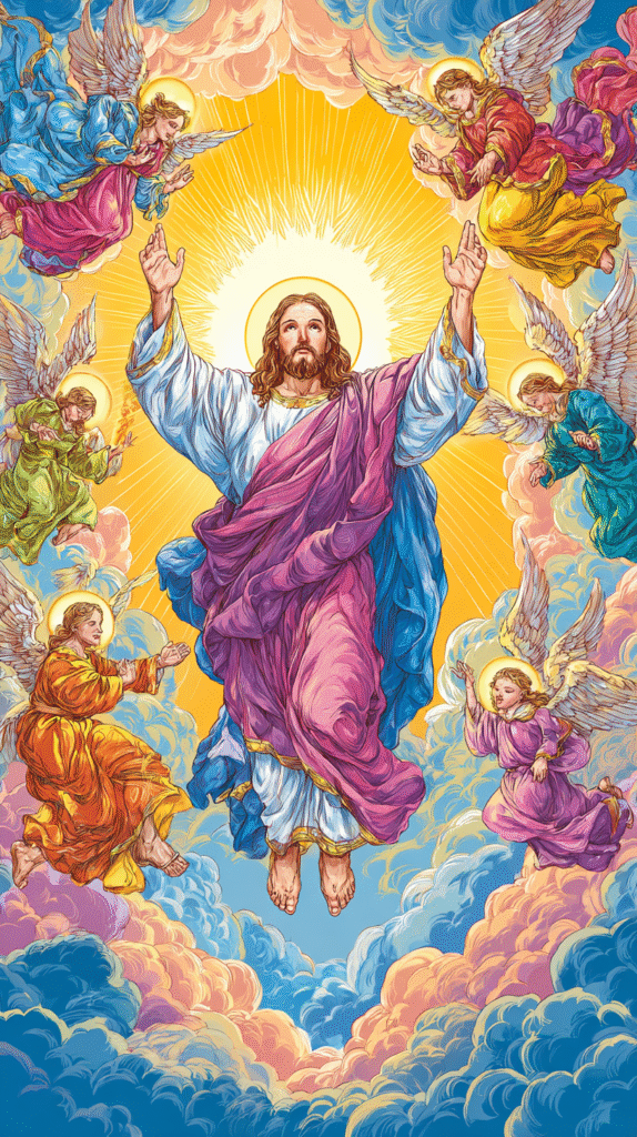 Jesus Christ surrounded by angels in cartoon style vibrant co 92319722 6624 4abb 9cca 1b748ae8034a 2