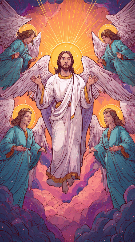 Jesus Christ surrounded by angels in cartoon style vibrant co 92319722 6624 4abb 9cca 1b748ae8034a 3