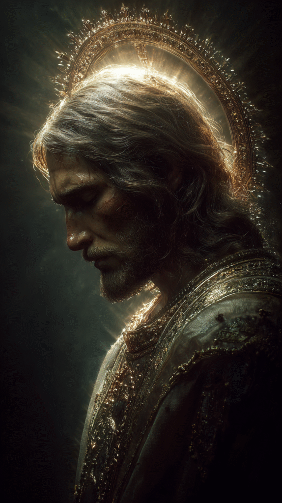 Jesus Christ with glowing halo divine light holy aura heavenl f689f4b6 6f71 4aed adb8 357e6091c9a2 2