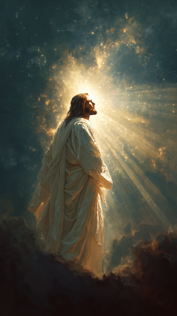 Jesus Christ with glowing white robe light rays from the sky 8c01961f 1311 4600 8799 5582e0c01c8c 0