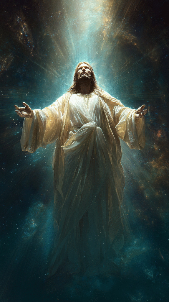 Jesus Christ with glowing white robe light rays from the sky 8c01961f 1311 4600 8799 5582e0c01c8c 1