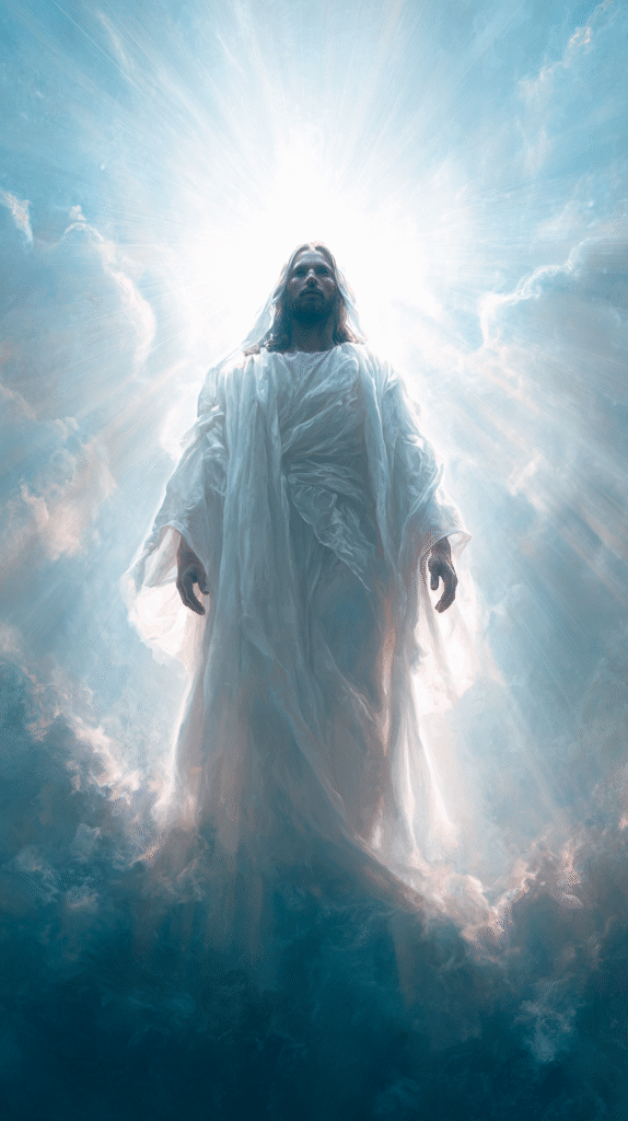 Jesus Christ with glowing white robe light rays from the sky 8c01961f 1311 4600 8799 5582e0c01c8c 2