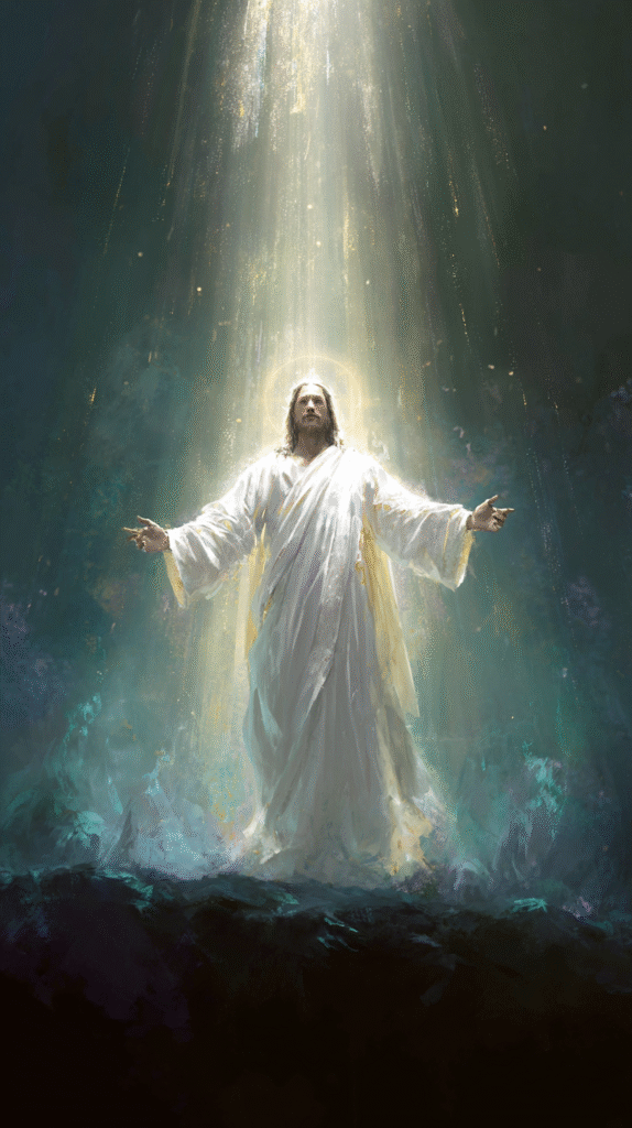 Jesus Christ with glowing white robe light rays from the sky 8c01961f 1311 4600 8799 5582e0c01c8c 3