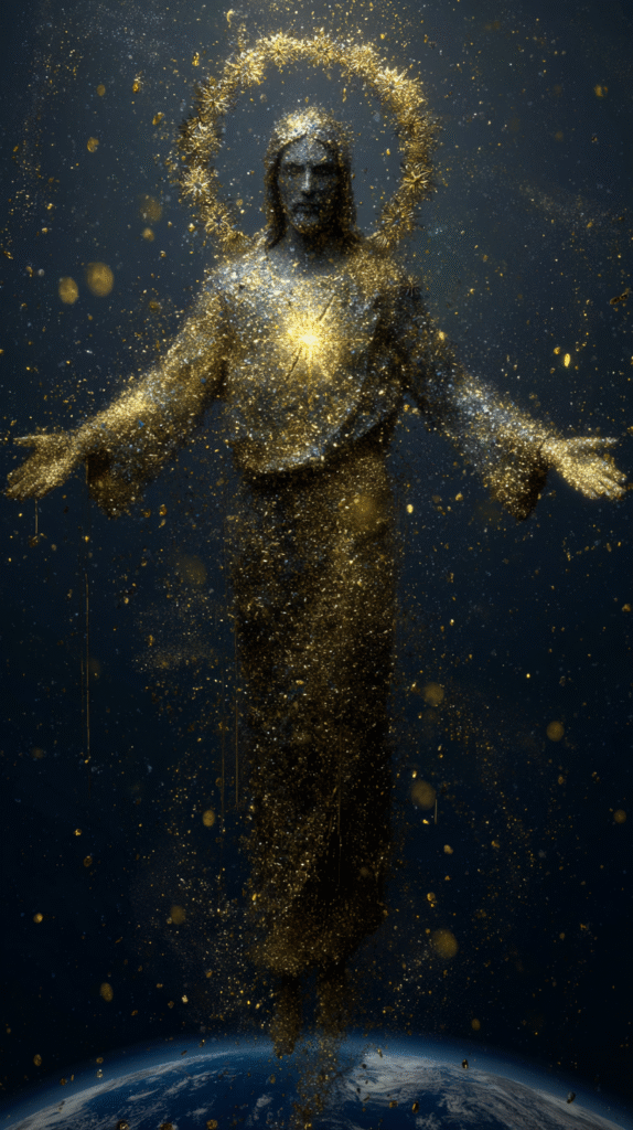 Jesus figure made of shimmering golden stardust arms outstret 8c1b6810 4557 4c45 9525 1a34befef90d 0
