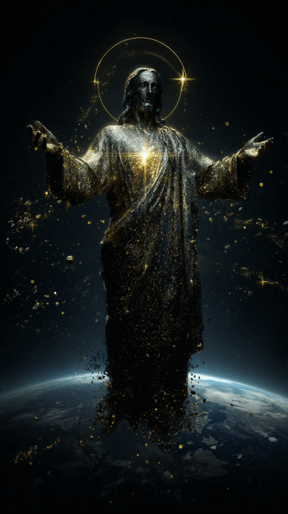Jesus figure made of shimmering golden stardust arms outstret 8c1b6810 4557 4c45 9525 1a34befef90d 1
