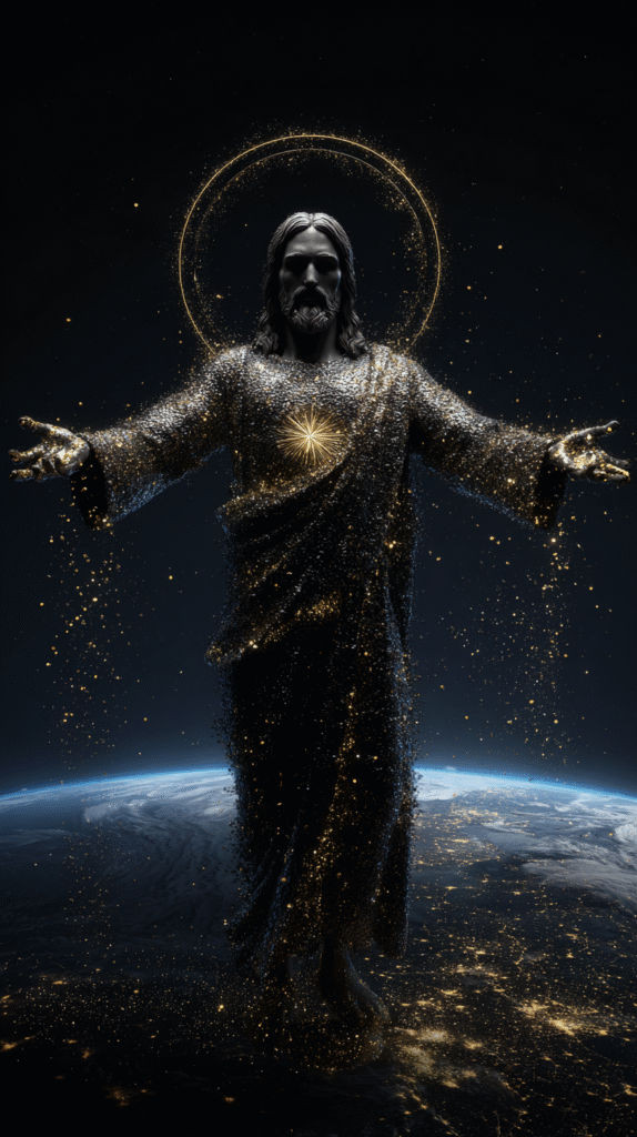 Jesus figure made of shimmering golden stardust arms outstret 8c1b6810 4557 4c45 9525 1a34befef90d 2