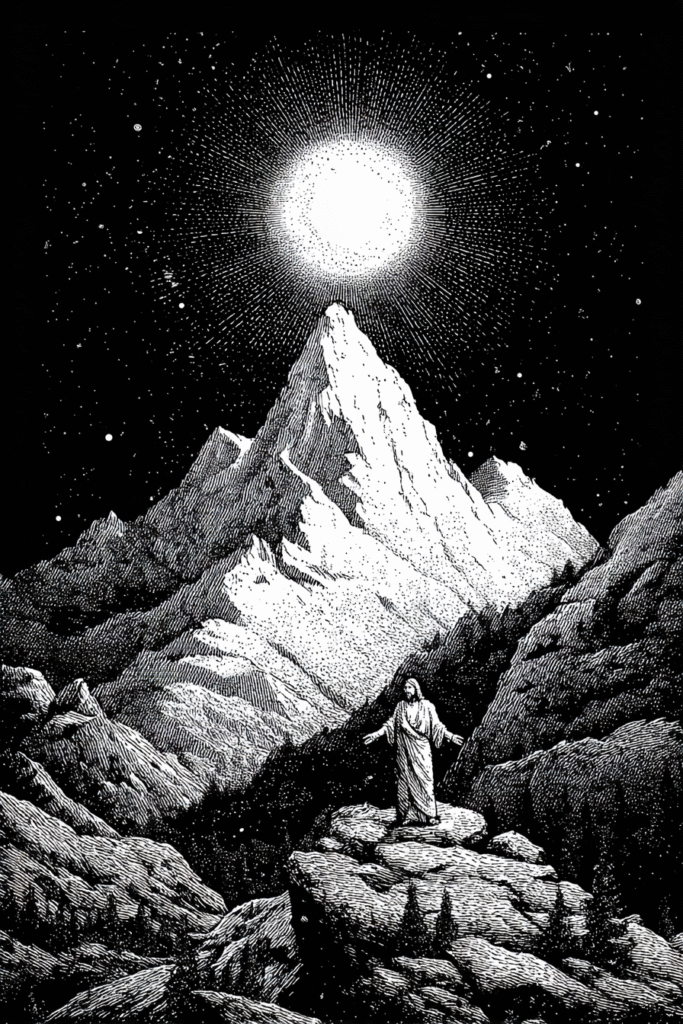 Jesus on a mountain t shirt design by Mark Riddick black back 354e6634 2a5a 48e7 9a88 ccc3c130253a 0