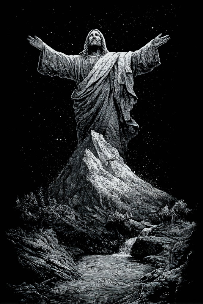 Jesus on a mountain t shirt design by Mark Riddick black back 354e6634 2a5a 48e7 9a88 ccc3c130253a 3