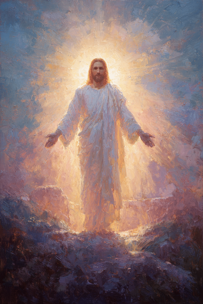 Jesus resurrected standing in glowing sunrise mist impression c8b6aa94 a423 4d07 9120 f470b8cca76b 0