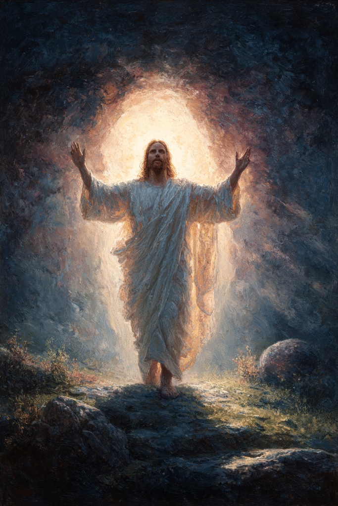 Jesus resurrected standing in glowing sunrise mist impression c8b6aa94 a423 4d07 9120 f470b8cca76b 1