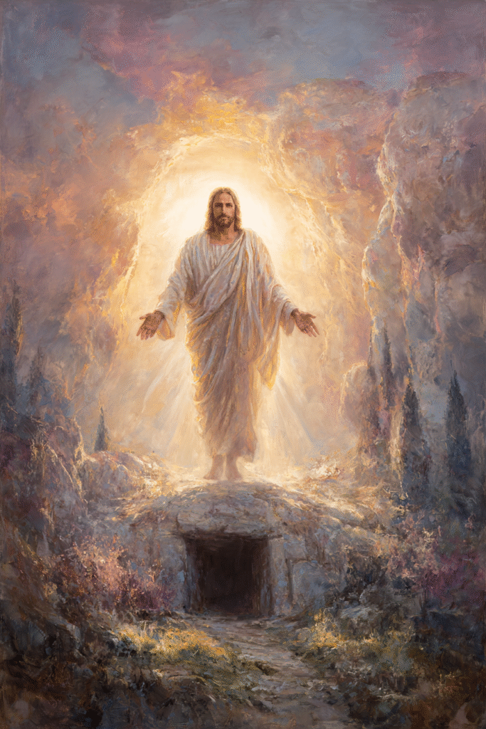 Jesus resurrected standing in glowing sunrise mist impression c8b6aa94 a423 4d07 9120 f470b8cca76b 3