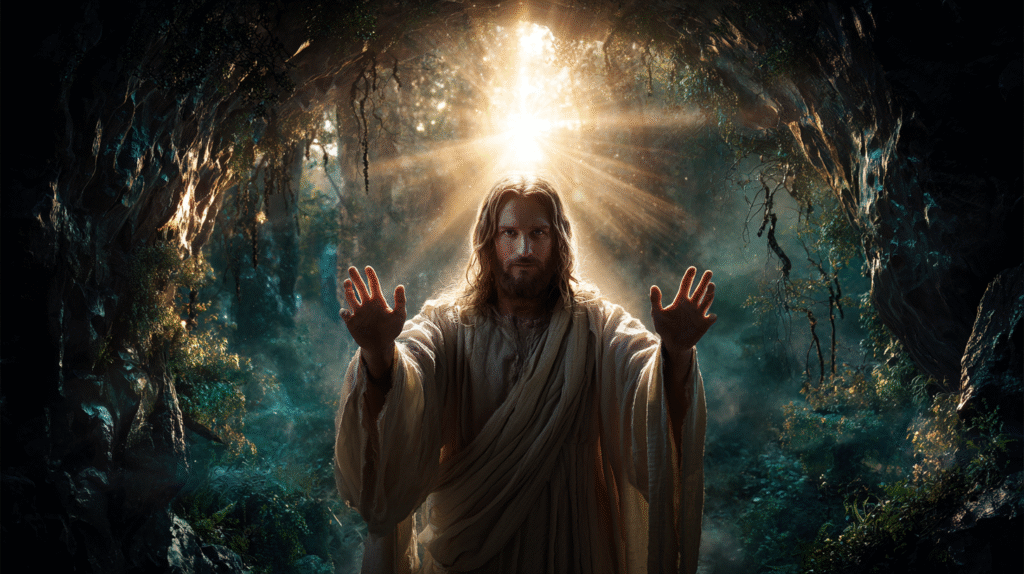 Jesus standing at the garden entrance radiant and resurrected f03d311e 73f7 4789 a193 130ba71233cf 1