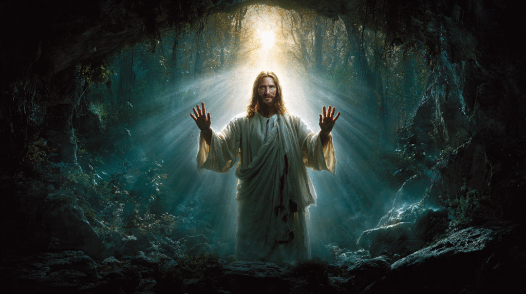 Jesus standing at the garden entrance radiant and resurrected f03d311e 73f7 4789 a193 130ba71233cf 2