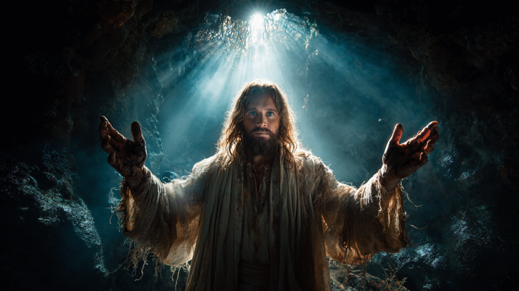 Jesus standing at the garden entrance radiant and resurrected f03d311e 73f7 4789 a193 130ba71233cf 3