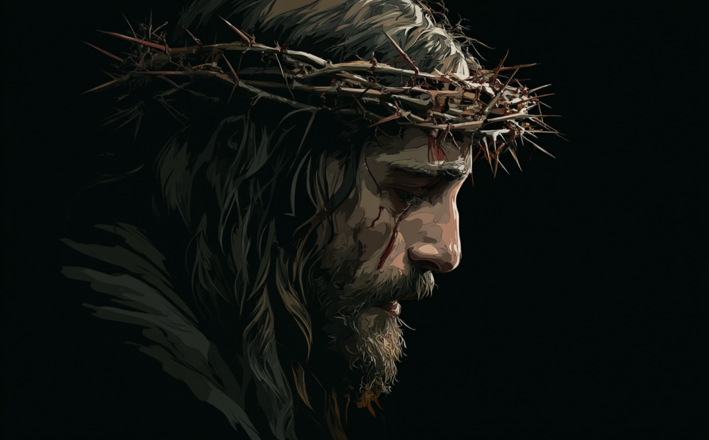 Jesus wearing a crown of thorns vector illustration dark back 2789f98a 35f9 42ca 84d2 deccd047d412 3