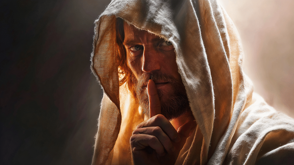 Jesus wearing flowing robes making a shh gesture with His ind 57d3b886 5d95 4ef7 8851 e79b21f42ece 0
