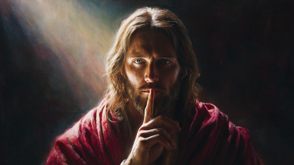 Jesus wearing flowing robes making a shh gesture with His ind 57d3b886 5d95 4ef7 8851 e79b21f42ece 3