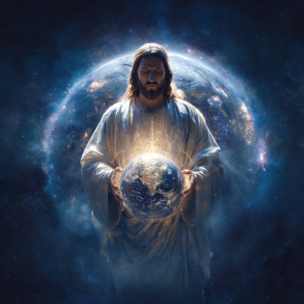 Jesus with hands wrapped around the earth. The earth has a co 4558472a 3063 4853 8a0c 9d60d349fcd2 1