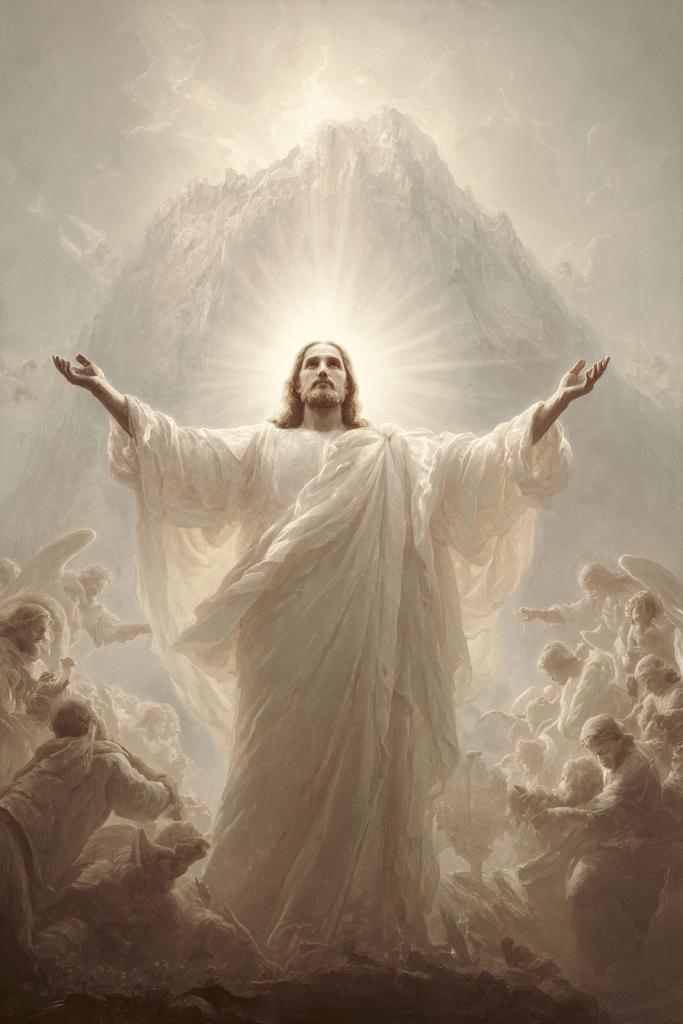 Jesus with open arms bathed in white light surrounded by ange 82fc5c3a d629 4176 ad06 c89884e87bad 2