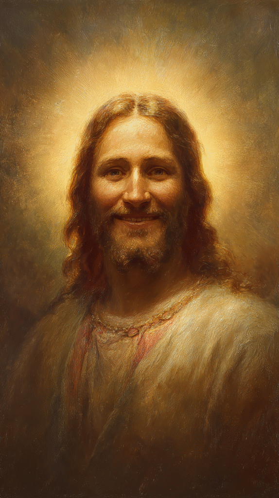 Portrait of Jesus Christ with warm friendly smile glowing hal 2bfafdca 2c25 485c 8e99 62bb09620c97 2