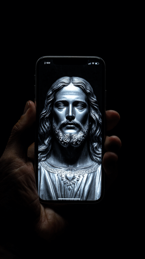 Silver metal metal chasingJesus with iPhone in hand on black c02604bf e80e 425e 851f 5f9f8a39c028 1