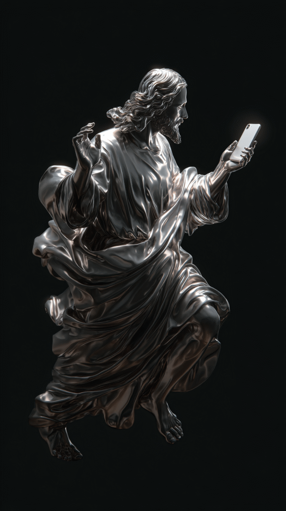 Silver metal metal chasingJesus with iPhone in hand on black c02604bf e80e 425e 851f 5f9f8a39c028 3