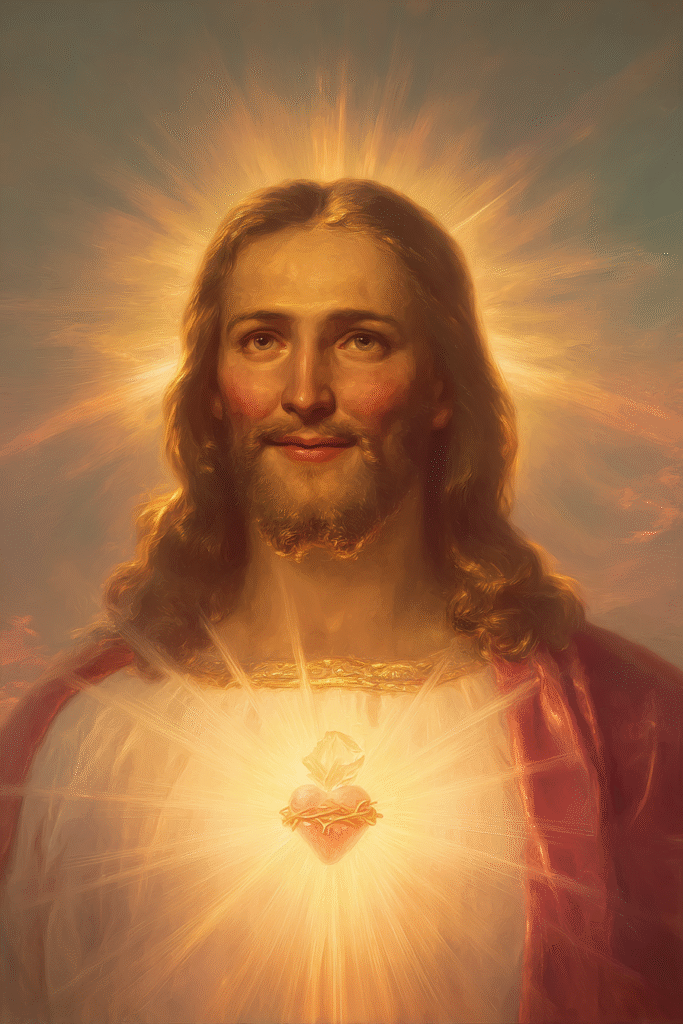 Smiling Sacred Heart of Jesus with glowing from his chest gol 0b835646 f9a0 4348 9693 eed9df2191a3 0