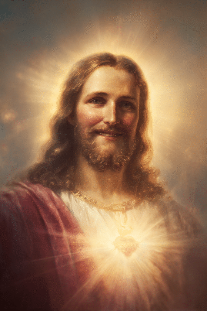 Smiling Sacred Heart of Jesus with glowing from his chest gol 0b835646 f9a0 4348 9693 eed9df2191a3 1