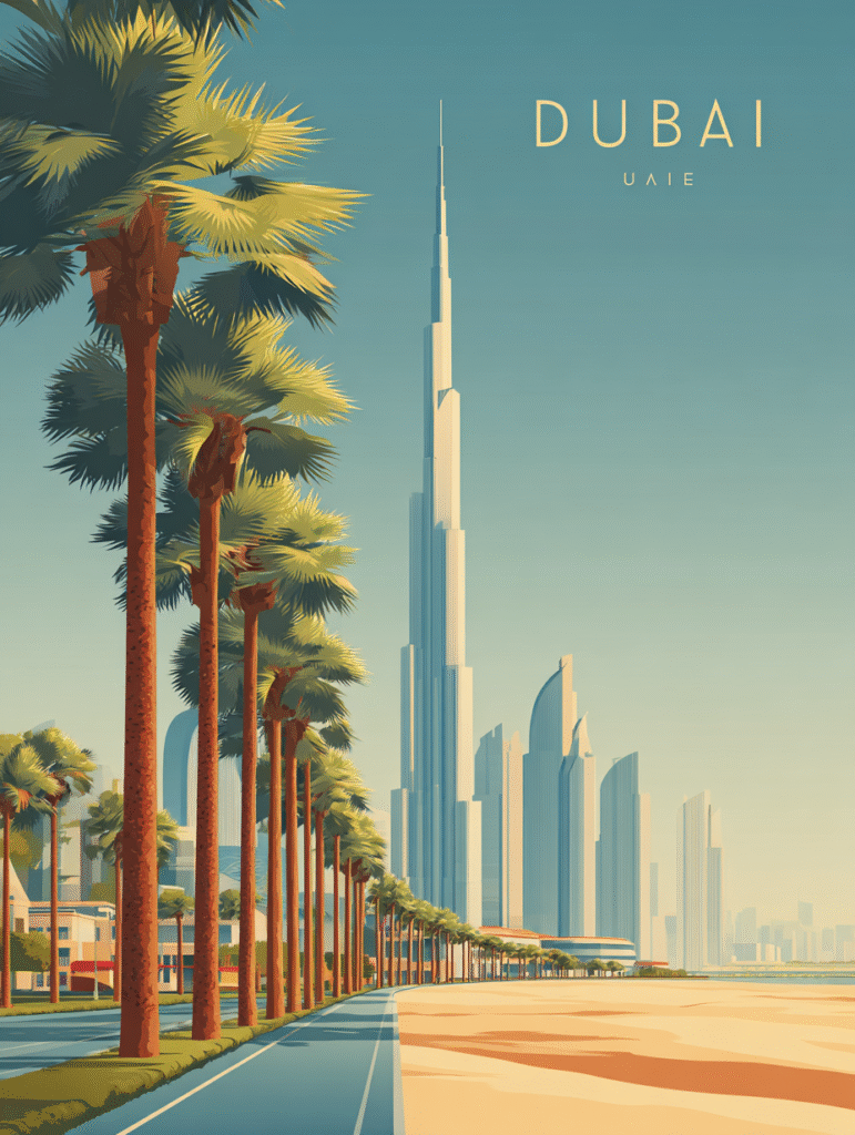 Vintage travel poster style illustration of Dubai UAE modern b093e9be faf3 4980 b76f 159668b40a7b 2