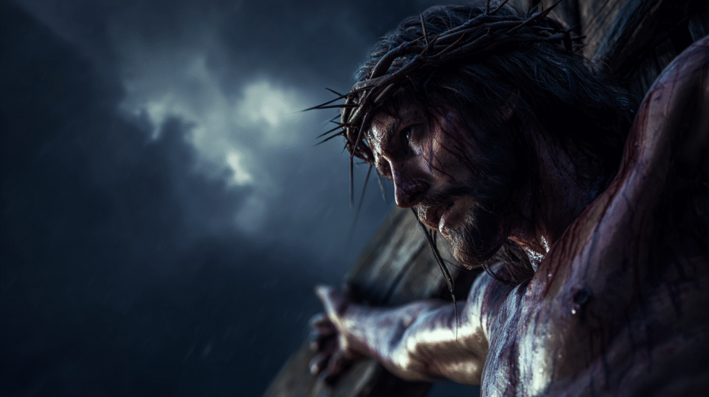 a hyper realistic image of Jesus hanging on the cross with a b1c4f243 de50 4242 ad23 1bc7e9af2a08 0