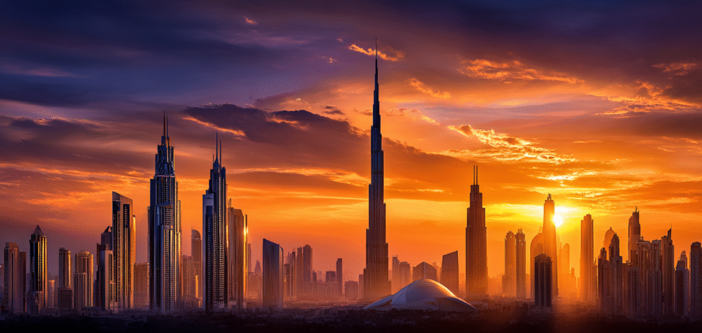 a realistic cinematic view of Dubais skyline at sunset with f d050951c a086 4d01 9119 9797205157a5 2