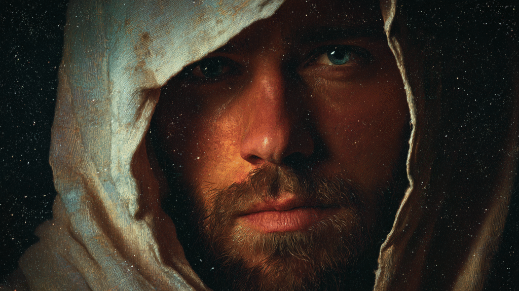 a waist up shot photograph style portrait of a hooded jesus c ba48ff2f a5c8 4e05 9ae1 563d15e38d31 0