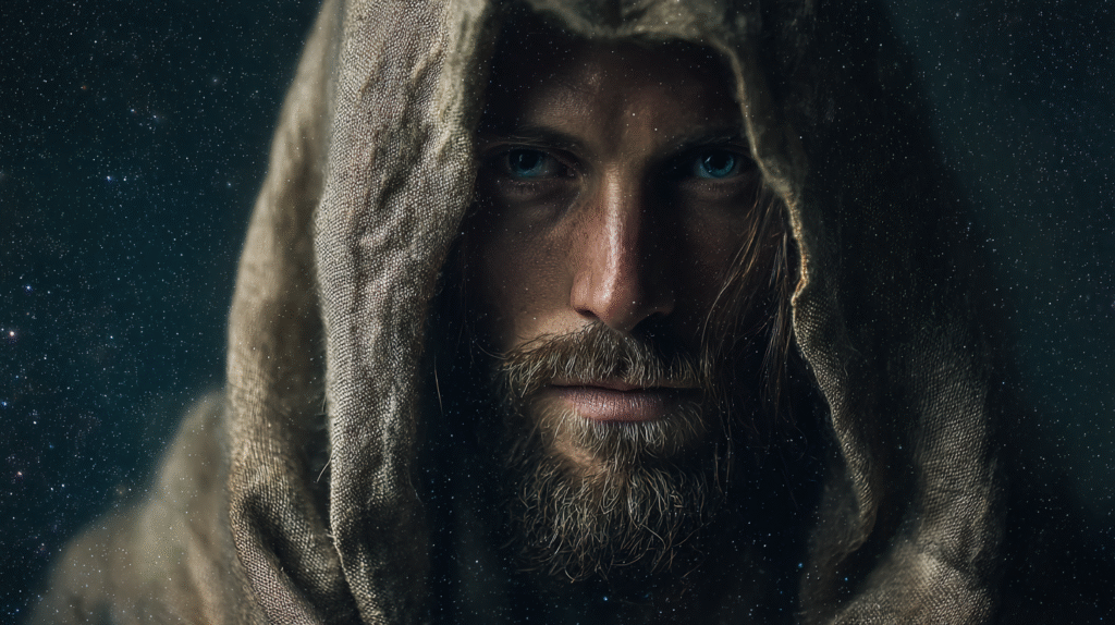 a waist up shot photograph style portrait of a hooded jesus c ba48ff2f a5c8 4e05 9ae1 563d15e38d31 1