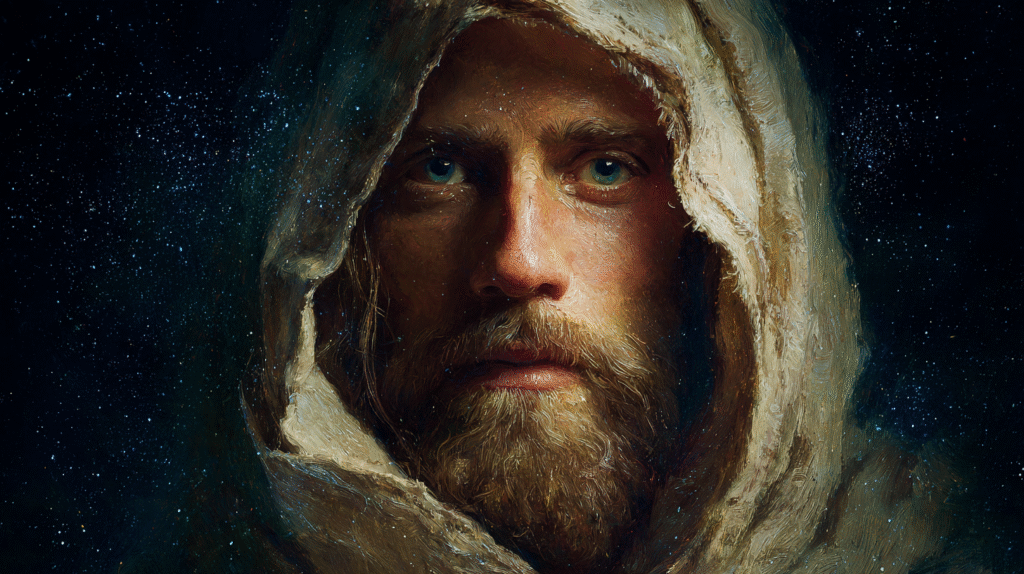 a waist up shot photograph style portrait of a hooded jesus c ba48ff2f a5c8 4e05 9ae1 563d15e38d31 2