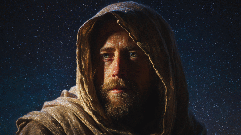 a waist up shot photograph style portrait of a hooded jesus c ba48ff2f a5c8 4e05 9ae1 563d15e38d31 3