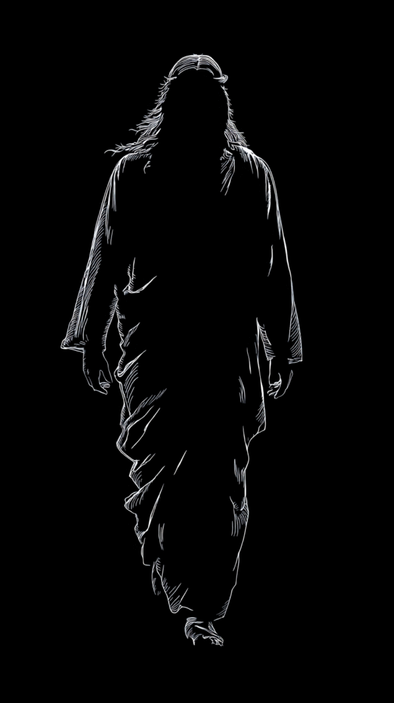 artistic silhouette of Jesus walking taward camera. Frontal. 66243511 fd32 4ce4 becc caeb74eabc6c 0
