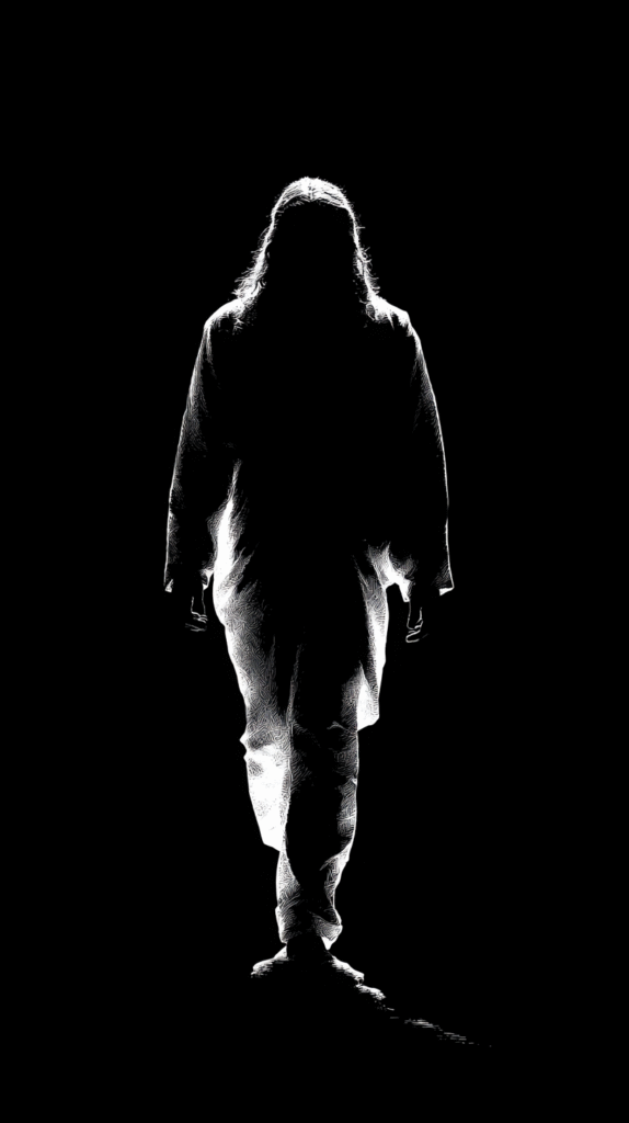 artistic silhouette of Jesus walking taward camera. Frontal. 66243511 fd32 4ce4 becc caeb74eabc6c 1