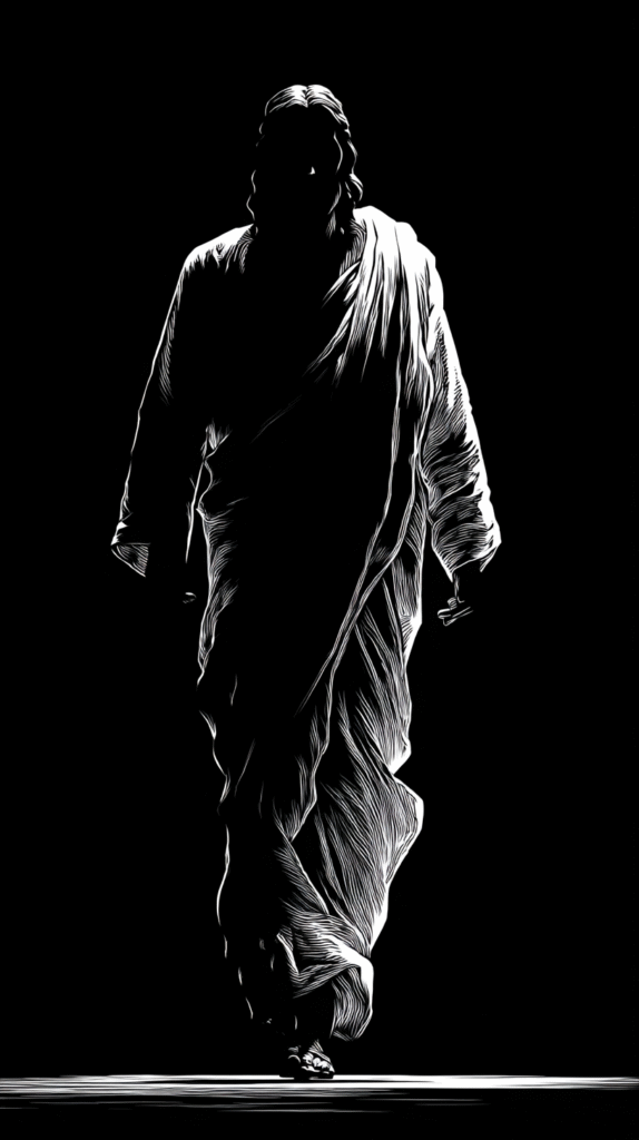 artistic silhouette of Jesus walking taward camera. Frontal. 66243511 fd32 4ce4 becc caeb74eabc6c 2