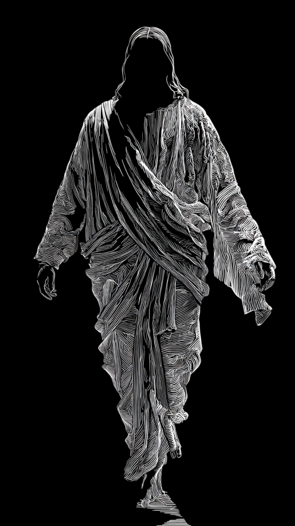 artistic silhouette of Jesus walking taward camera. Frontal. 66243511 fd32 4ce4 becc caeb74eabc6c 3