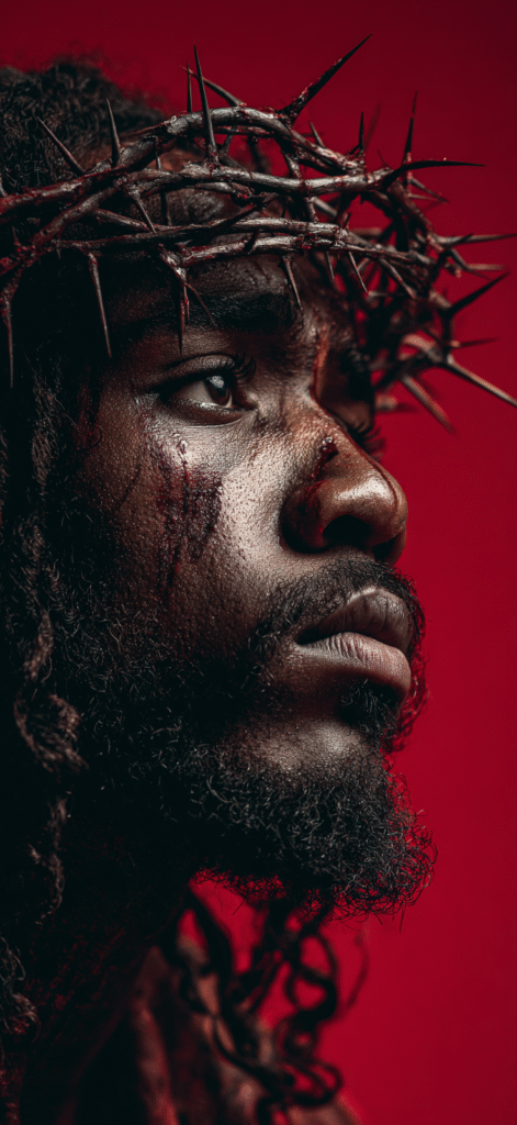 black jesus wearing a crown of thorns on a red background sui 1aa7dedb 2a99 4503 978f bd10705482f4 0
