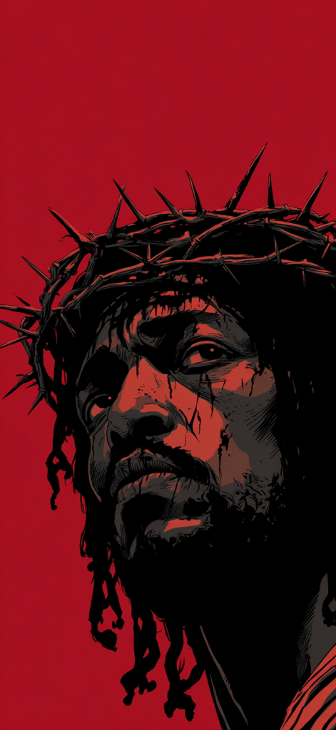 black jesus wearing a crown of thorns on a red background sui 1aa7dedb 2a99 4503 978f bd10705482f4 1