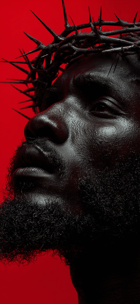 black jesus wearing a crown of thorns on a red background sui 1aa7dedb 2a99 4503 978f bd10705482f4 2