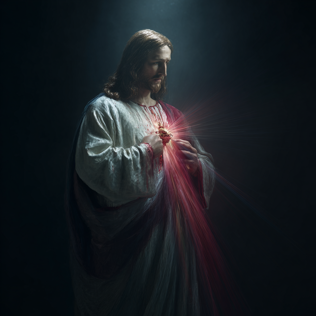 create an image of the divine mercy Jesus medium shot dim lig f8a0b0dc 22e0 4513 a155 703310d68fe9 1