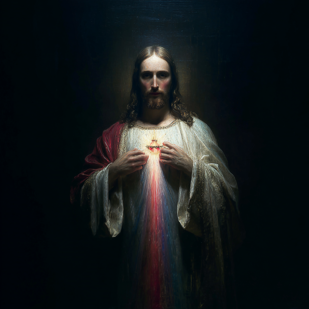 create an image of the divine mercy Jesus medium shot dim lig f8a0b0dc 22e0 4513 a155 703310d68fe9 2