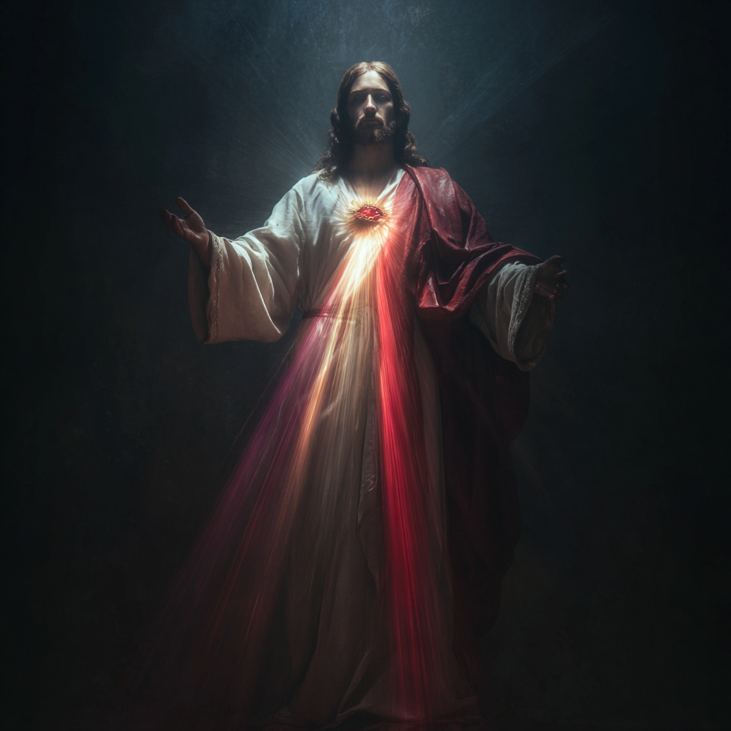 create an image of the divine mercy Jesus medium shot dim lig f8a0b0dc 22e0 4513 a155 703310d68fe9 3