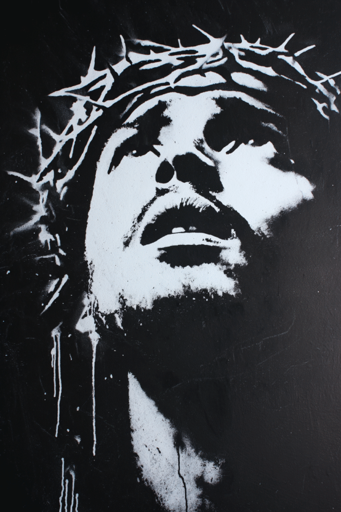 dripping Banksy white stencil art of an eritrean Jesus with c 5f6770c9 959f 41a9 94e1 76543a3b4c5d 2