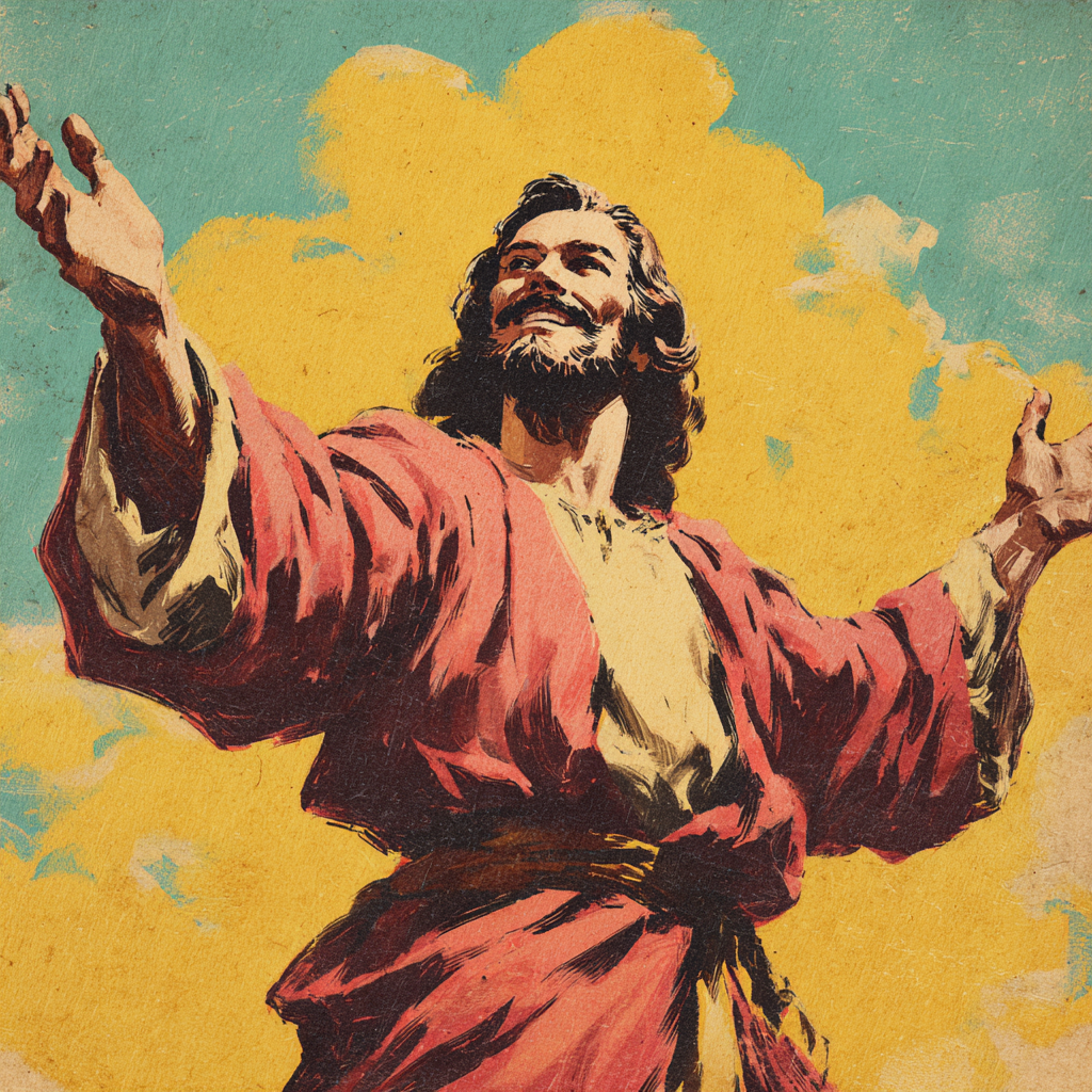 in a 1950s pulp style illustration depict Jesus smiling with ff48d748 d0c0 48d8 ab00 4e269defddc4 0
