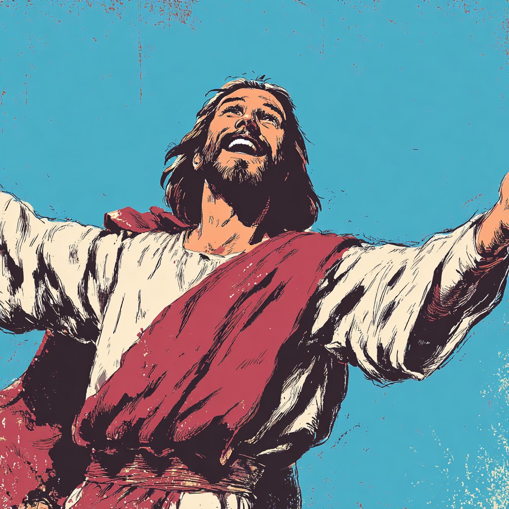 in a 1950s pulp style illustration depict Jesus smiling with ff48d748 d0c0 48d8 ab00 4e269defddc4 1