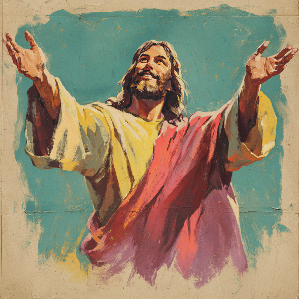 in a 1950s pulp style illustration depict Jesus smiling with ff48d748 d0c0 48d8 ab00 4e269defddc4 2